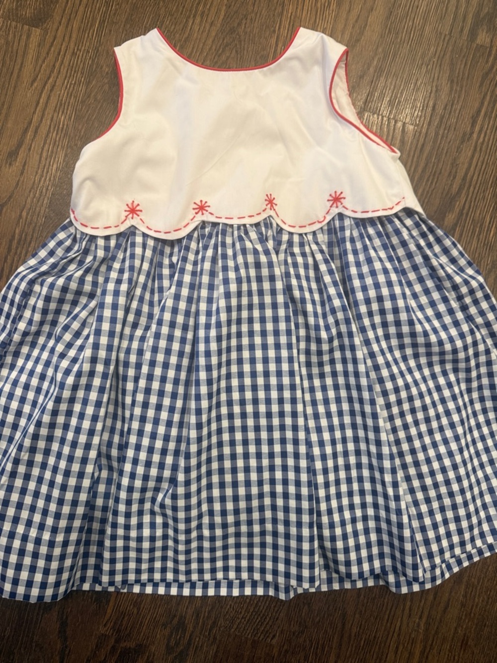Girls Blue Gingham & White Scallop Dress with Pink Trim